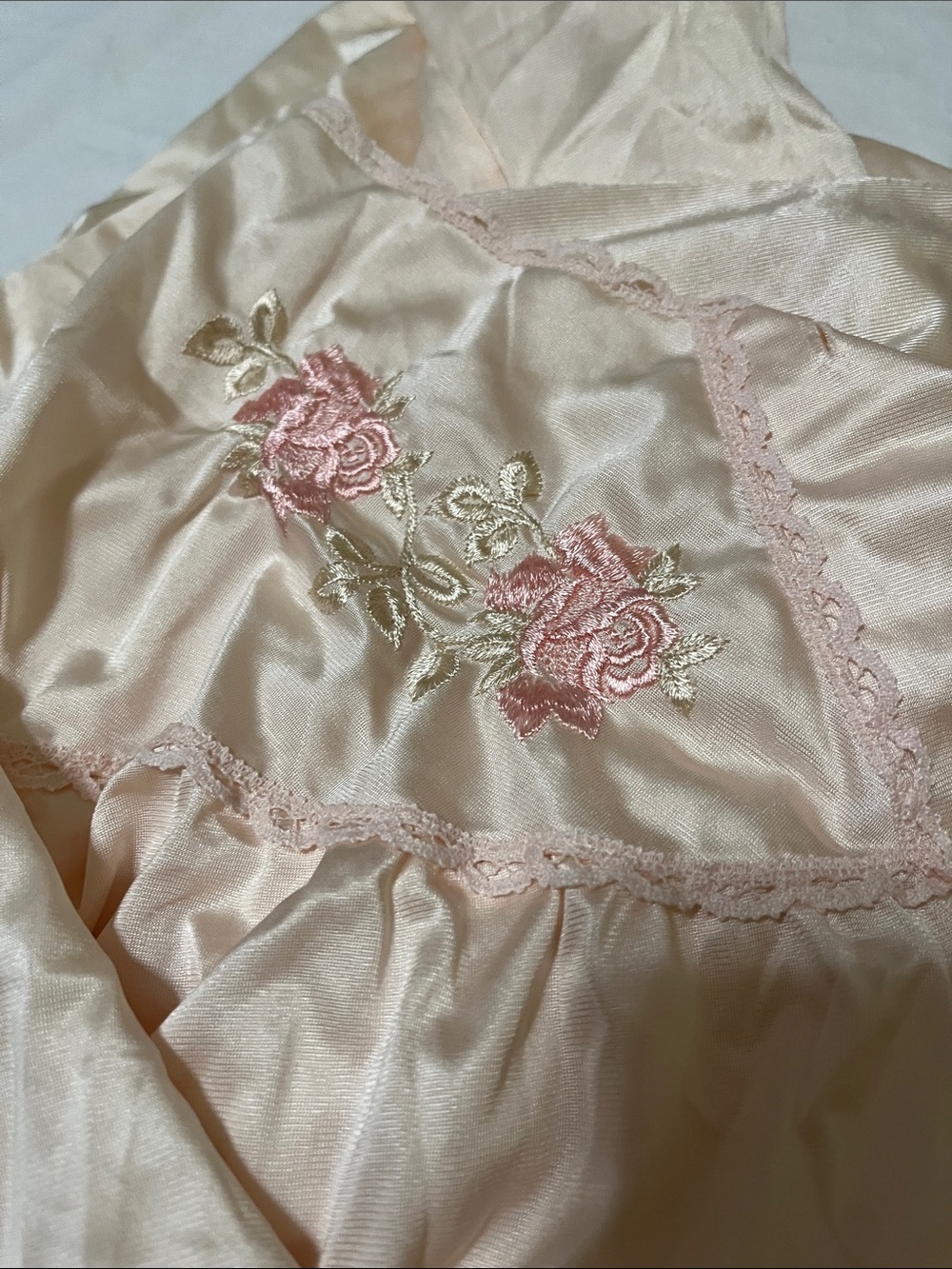 American Vintage Pale Blush Satin Nightgown with Rose Embroidery